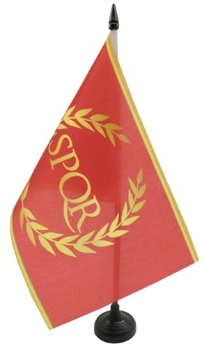 AZ FLAG Drapeau de Table Empire Romain 21x14 cm Socle Plastique | Usage intérieur Drapeau de bureau des romains finition cousue et bords renforcés avec mât en plastique et socle en plastique