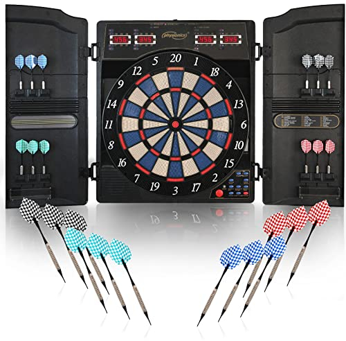 Physionics® Elektronische Dartscheibe - viele Spiele, mehr als 100 Spielvarianten, 12 Dartpfeile, 100 Ersatzspitzen, Netzteil, bis 16 Spieler, 3 Modelle (Modell 2 - Quadratische Form mit Türen)