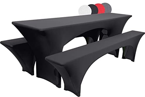 Beautissu Edles Stretchhussen Set 3tlg. Victoria - Elastische Hussen für Bierzeltgarnitur 220x50 cm – Festliche Husse Biertisch + 2 Bierbank in Schwarz