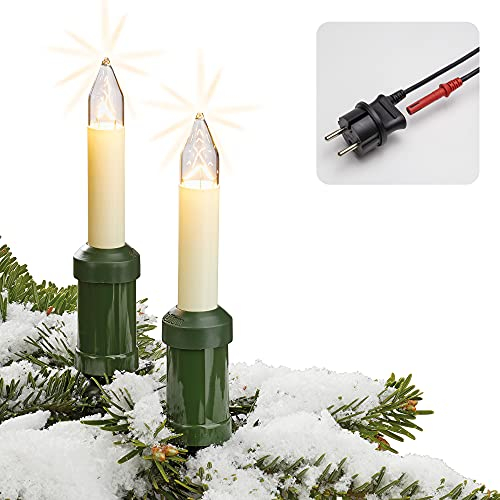 Hellum Lichterkette Weihnachtsbaum außen Made in Germany, 19m beleuchtet, Lichterkette außen Weihnachtsbaum 20 weiße Schaftkerzen Clip, klar Glühfaden, Kabel schwarz mit teilbarem Stecker <59lm 845501