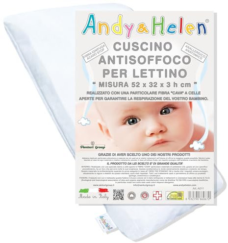 Andy & Helen - Cuscino Lettino Bambino Antisoffco per lettino con sbarre con fodera in Cotone OEKO-TEX® - 52x32x3 cm