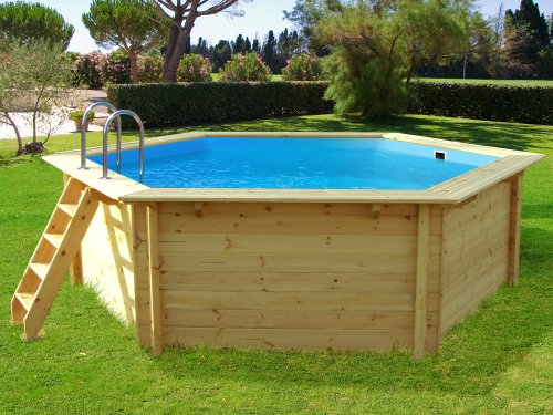 Habitat et Jardin - Piscine Bois Scandinave Ronde Hexagonale Hawai Ø 4,10 x H 1,18 m - Filtration à Cartouche 4 m3/h - Piscine de Jardin Octogonale Hors Sol, Semi-enterrée ou Enterrée