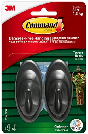 Command Outdoor Terrace Hooks, 2 Hooks and 4 Strips, Damage-Free Hanging Wall Hook for Hanging Outdoor Wall Decor with Weather Resistant Strips, Holds up to 3 lb