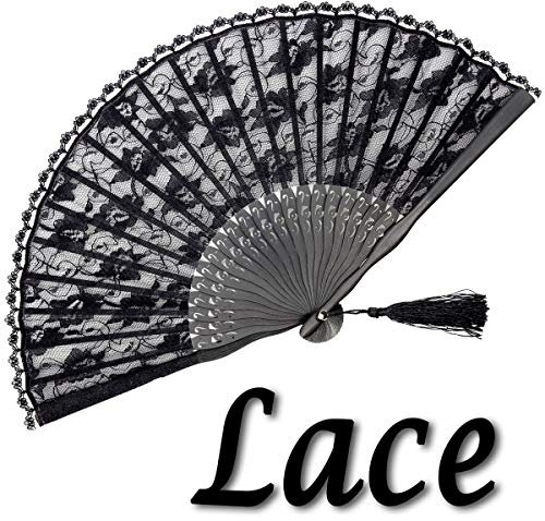 OMyTea Sexy Lace Folding Hand Held Fan for Women - With a Fabric Sleeve for Protection - Chinese/Japanese/Spanish Vintage Retro Style for Wedding, Dancing, Church, Party, Gifts (Black)