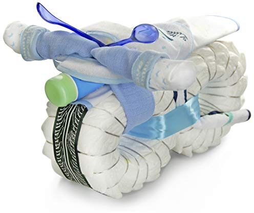 Windeltorte Windelmotorrad Jungen ROCKSTAR blau / 45-teilig - Windeltorte Motorrad - Geschenk zur Geburt Babyparty Baby Shower