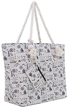 DonDon Strandtasche XXL mit Reißverschluss - Umhängetasche Damen, Shopper Tasche Damen im Beach Look mit Schulterriemen - Urlaub Must Haves Beach bag - Maritim naturfarben