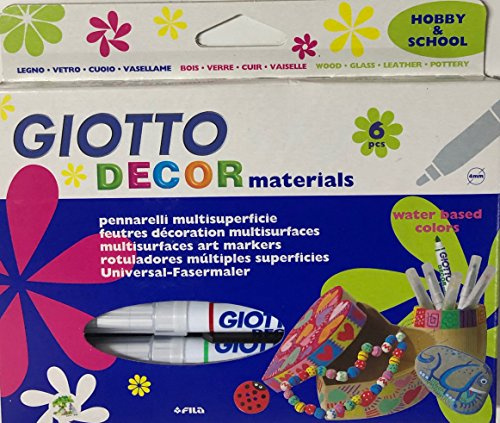 GIOTTO 6 Multi Surface Felt Tip Pens - Ultra Fine Standard Felt Tip - Washable, Non Blendable - Ceramic, Glass, Plastic, Wood - Blue, White, Black, Yellow, Green, Red