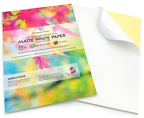 Evergreen Goods™ Klebeetiketten, A4, Weiß, matt, für Tintenstrahl- und Laserdrucker, hochwertige, selbstklebende Rückseite, kann für Cricut- und Silhouettenschneidemaschinen verwendet werden, 10 Blatt