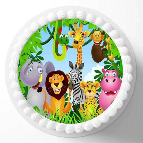 Jungle Animals Edible Cake Topper – 7 Inch Precut Round Safari Birthday Decoration for Kids