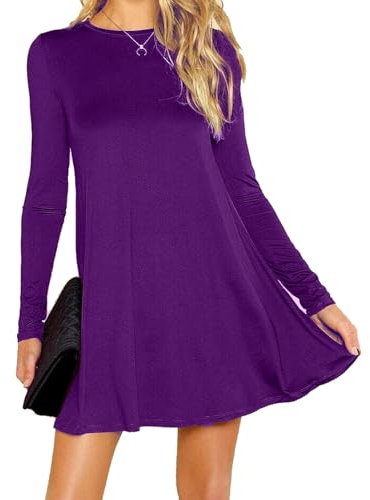 Womens Ladies Party Dresses for Women UK Long Sleeve Midi Plain Flared A line Skater Swing Dress Jersey Tee Plus Size Dress Summer Winter Purple 12-14
