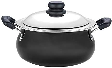 Vinod Hard Anodized Handi – Stainless Steel Lid – Small Size – 3.8 Liters (4 Quarts) – Suitable for Biryani, Pulao, Gravies – Aluminium Pot – Riveted Handles – Non-Reactive - Metal Spoon Friendly