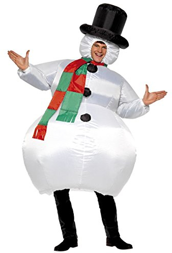 Smiffys Kostüm Schneemann, aufblasbar, Weiß, mit Bodysuit, Hut, Schal und Gebläse