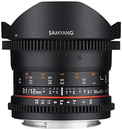 Samyang F1312103101 - Objetivo para vídeo VDSLR para Nikon F (Distancia Focal Fija 12mm, Apertura T3.1-22 ED AS NCS, Ojo de pez), Negro