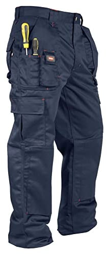 Lee Cooper LCPNT206 Workwear Mens Multi Pocket Easy Care Heavy Duty Knee Pad Pockets Safety Work Cargo Trousers Pants, Navy, 34W/33L
