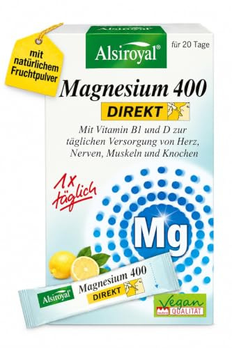 Alsiroyal Magnesium 400 DIREKT Sticks – hochdosiert 400 mg Magnesiumcitrat | und -oxid · direkt ohne Wasser · nur 1 Stick täglich · Vit. B1 & pflanzliches D3 · vegan mit natürlichem Zitronenfruchtpulver