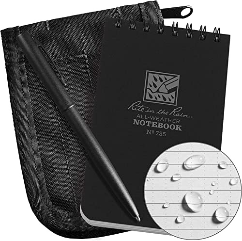Rite in the Rain Wetterfestes Notizbuch-Set mit Spiralbindung, 7,6 x 12,7 cm, schwarzer Cordura-Einband, 7,6 x 12,7 cm, schwarzes Notizbuch und wetterfester Stift (Nr. 735B-KIT)