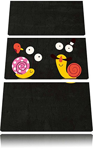 Pixxprint lustige Schnecken mit Vogel, Leinwandbild 3 Teilig, Gesamtmaß: 120x80cm, Wandbild, Dekoration, fertig gespannt, Kein Poster