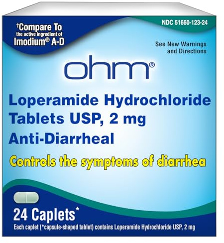 Ohm Loperamide Hydrochloride 2mg Caplets (24 Count) - Anti Diarrhea Medicine for Adults and Children, Effective Stomach Relief, Fast Acting Antidiarrheal Pills, Travel Essential