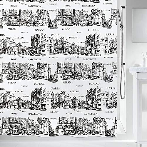 Spirella Anti-Schimmel Duschvorhang - Anti-Bakteriell, waschbar, wasserdicht - Peva, „Places“ 180x200cm Weiß Schwarz