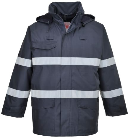Portwest S770 Bizflame Rain FR Jacket Flame Resistant Long Sleeve PU Coated | Navy, Large, EN ISO 14116, EN 1149-5, EN 13034, Internal Chest Pocket, Lower Front Pockets, Detachable Lining, Two-Way Zip