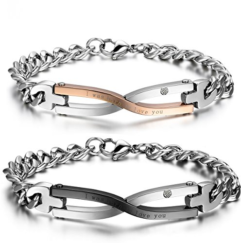 JewelryWe 2pcs Herren Damen Pärchen Armband, Lieben Freundschaftsarmband Valentinstag Paar Geschenke, I was Born to Love You Infinity Charms Armreif, Zirkonia Edelstahl, Schwarz Rose Gold Silber