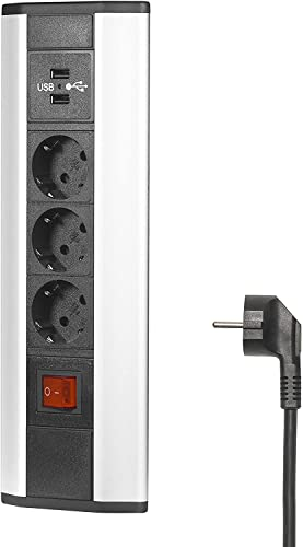 Elbe Inno® Ecksteckdose für die Arbeitsplatte (3xSteckdosen & 2 USB & Schalter), Mehrfachsteckdose für Küche und Büro, Tischsteckdose aus Aluminium in schwarz-grau Optik