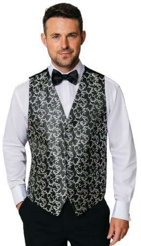 Dobell Mens Black/Silver Waistcoat Regular Fit 5 Button Edwardian Swirl Jacquard Pattern