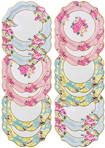 Talking Tables Platos medio con detalles florales ‘TS4.’ Paquete de 12 con 3 patrones diferentes. Para una fiesta de muñecas o bodas. Amarillo, Rosa y Azul.