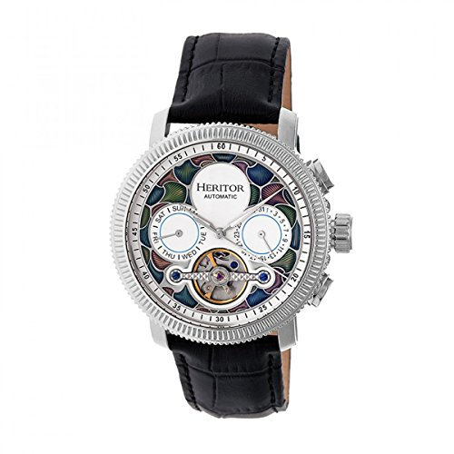 HERITOR Aura Automatic Watch for Men – 44mm Men's Skeleton Watch with Jeweled Automatic Movement, 316L Stainless Steel Case, Sapphire-Coated Mineral Crystal, Leather Strap (HERHR3504) - Silver/White