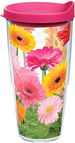 Tervis Gerbera Daisy Tumbler mit Wickeltuch und Fuchsia-Deckel, 680 ml, transparent