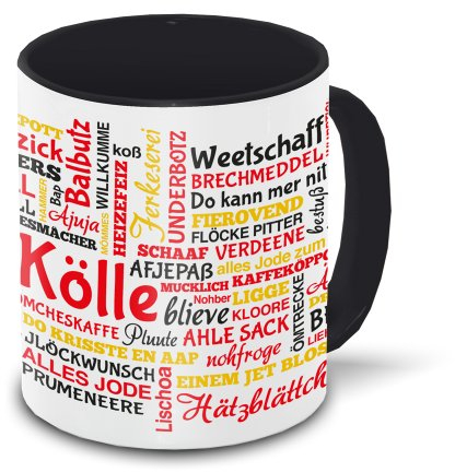 Köln-Tasse Tagcloud - weiß/schwarz - Tasse mit typischen Wörtern im Kölner Dialekt