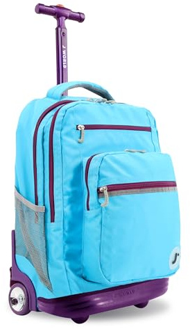 J World Sundance Laptop Rolling Backpack for Girls Boys. Roller Bookbag with Wheels, 20 Inch, Sky Blue