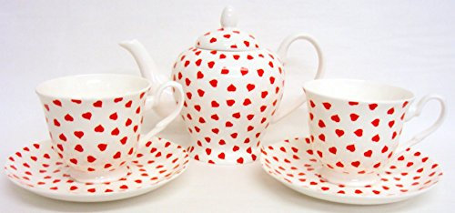 Love Hearts Tea Set for Two Fine Bone China Red Hearts Tea Set 1 Teapot 2 Cups & 2 Saucer Hand Decorated in The UK Free UK Delivery