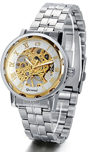 JewelryWe Herren Armbanduhr, Analog Handaufzug, Fashion Business Transparent Steampunk Handaufzug mechanische Uhr mit Edelstahl Armband, Gold Römische Ziffern Zifferblatt #A
