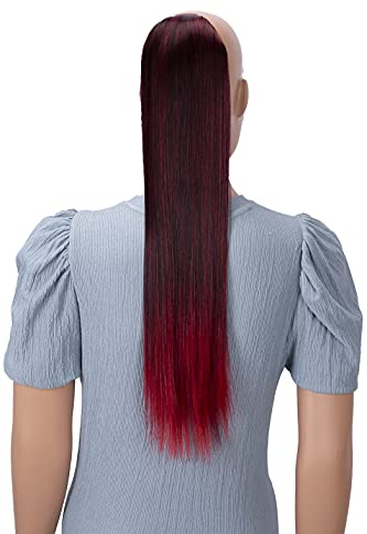 CAISHA 60cm Zopf mit 2 Bändern Pferdeschwanz Langhaar Extensions Haarverlängerung Haarteil Glatt Schwarz Rot Mix HCB1