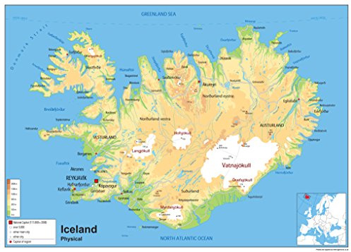 Physische Karte von Island, laminiertes Papier [GA] A2 Size 42 x 59.4 cm