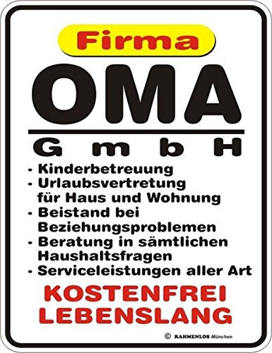 RAHMENLOS Original Blechschild für die Großmutter: Oma GmbH - Kinderbetreuung, Urlaubsvertretung