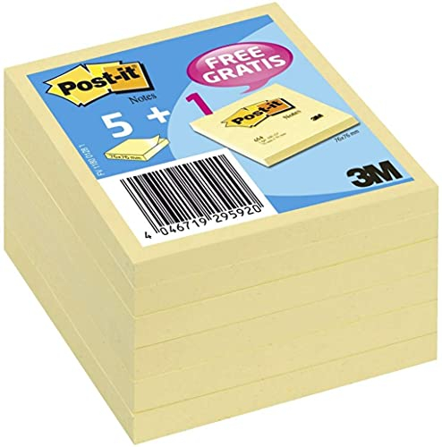 Post-it Kanariengelb, Vorteilspackung, Packung mit 5 Blöcken + 1 Gratisblock, 100 Blatt pro Block, 76 mm x 76 mm, Farbe: Gelb - Selbstklebende Notizzettel für Notizen, To-Do-Listen und Erinnerungen