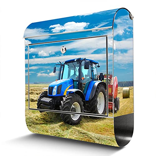 banjado® Briefkasten Edelstahl mit Motiv Traktor 38x43x12cm & 2 Schlüssel - rostfreier Edelstahl Briefkasten mit Zeitungsfach - Postkasten A4 Einwurf inkl. Montagematerial