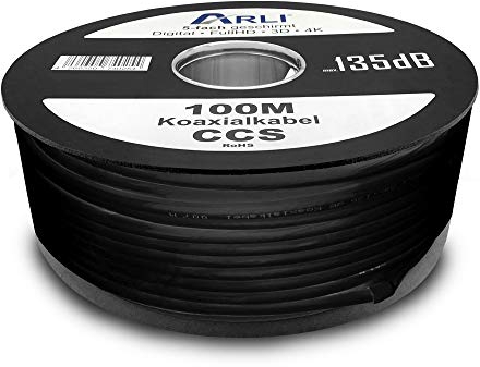 ARLI 100m Koaxialkabel 135dB schwarz 5-fach geschirmt – Sat Antennenkabel für DVB-S/S2 DVB-T/T2 DVB-C/C2 4K UHD HDTV Innen Außen UV-beständig