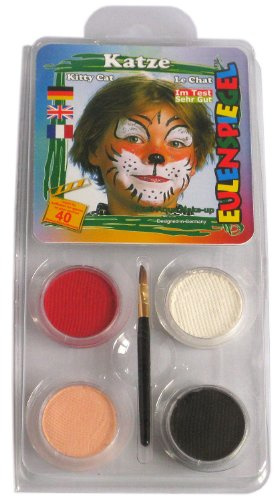 Eulenspiegel 204177 - Motiv-Set Katze, 4 Farben, 1 Pinsel, 1 Anleitung, für ca. 40 Masken, Karneval, Motto-Party