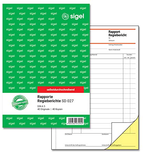 SIGEL SD027 Rapport / Regiebericht A5, 2x40 Blatt, selbstdurchschreibend, 1 Stück, mikroperforiert, mit Abheftlochung, aus nachhaltigem Papier