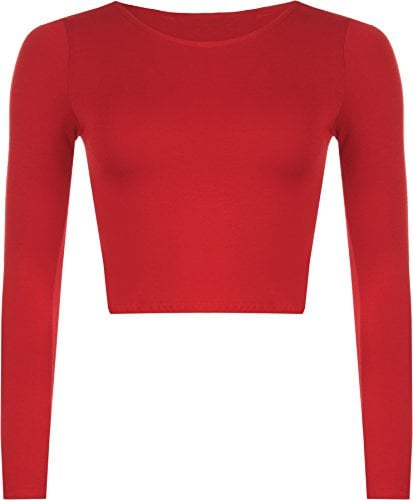 Womens Crop Long Sleeve T Shirt Ladies Short Plain Round Neck Top - Red - 8/10