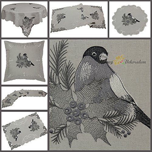 Quinnyshop Grau Tischband Tischdecke Tischläufer Kissenbezug Set Leinen-Optik Winter Vogel (ca. 25x160 cm Zugespitzt)