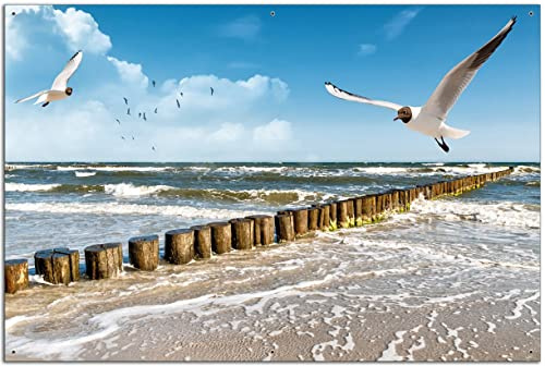 Wallario Outdoor-Poster für Garten oder Balkon Fliegende Möwe am Strand, Motivbanner Größe: ca. 60 x 90 cm, Outdoor-Bild