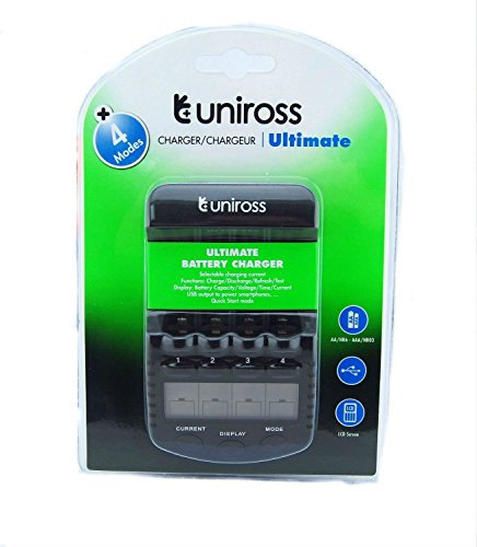 UNiROSS 1 Hour Ultimate AA/AAA Battery Charger - Refresh, Discharge, Test Capacity (1000mA USB Port for Smartphones/Tablets) - 200, 500, 700, 1000mA Charge Current - Charge Times from 54 Min