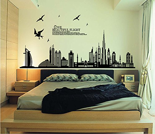 ufengke® Città Nera Silhouette Paesaggio Urbano Grattacielo Adesivi Murali, Camera da Letto Soggiorno Adesivi da Parete Removibili/Stickers Murali/Decorazione Murale