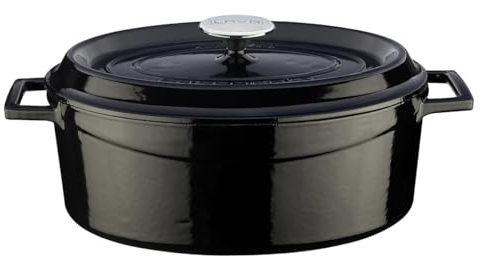 Lava Signature - Horno holandés ovalado de hierro fundido esmaltado, 4 1/4 cuartos de galón, color negro obsidiana, 5 Quart, Obsidian Black