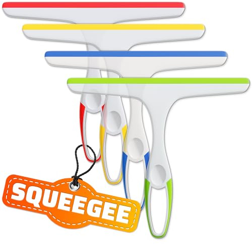 4Pcs 9.5” Hand Squeegee for Shower Glass - Durable Plastic Grip, Random Colors, Flexible Silicone Blade, Easy Hanging Hook, Lightweight Ergonomic Shower Squeegee for Glass Doors, Windows, and Tiles