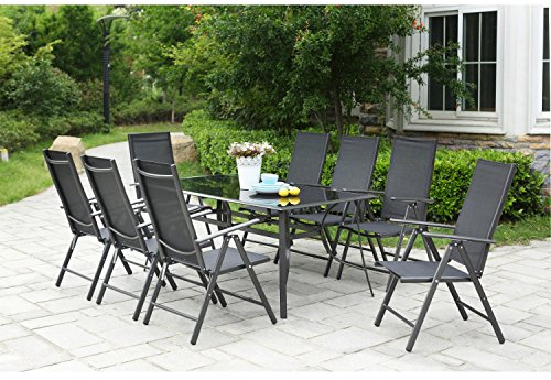 CONCEPT USINE - Salon de Jardin Aluminium - Ensemble Mobilier d'Extérieur : Table Rectangulaire Plateau en Verre + 8 Chaises Pliables et Inclinables - Gris - Design Rimini - Robuste Résiste à l'eau